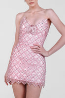 Blush embroidered mini dress by Monika Dimova featuring intricate embroidery and a stylish mini length.