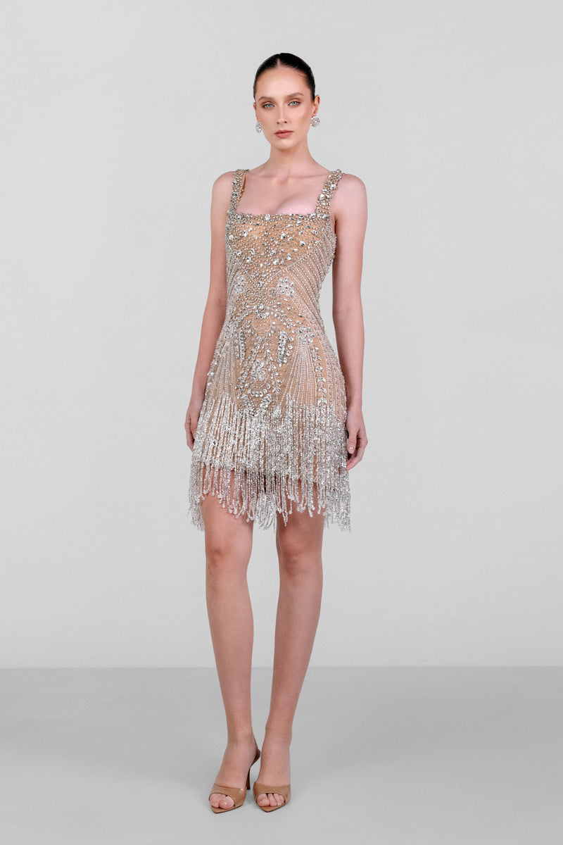 BEADED CONTOUR FRINGE DRESS - CULT MIA