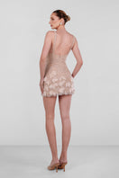Monika Dimova champagne embroidered feather mini dress, featuring intricate feather details and elegant embroidery for a stylish look.