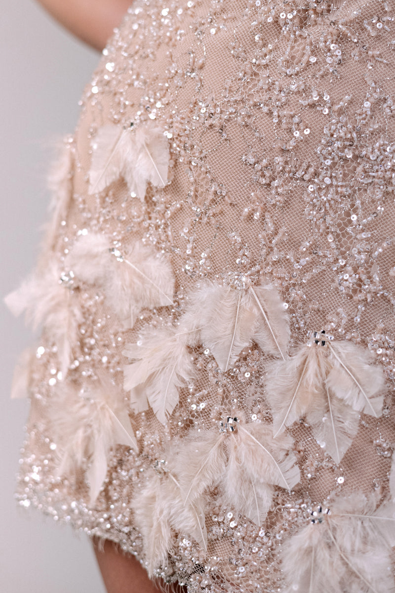 CHAMPAGNE EMBROIDERED FEATHER DRESS - Champagne/Beige / XS CHAMPAGNE EMBROIDERED FEATHER DRESS - Champagne/Beige / XS