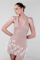 Monika Dimova champagne embroidered feather mini dress with intricate embroidery and feather details, stylish evening wear.