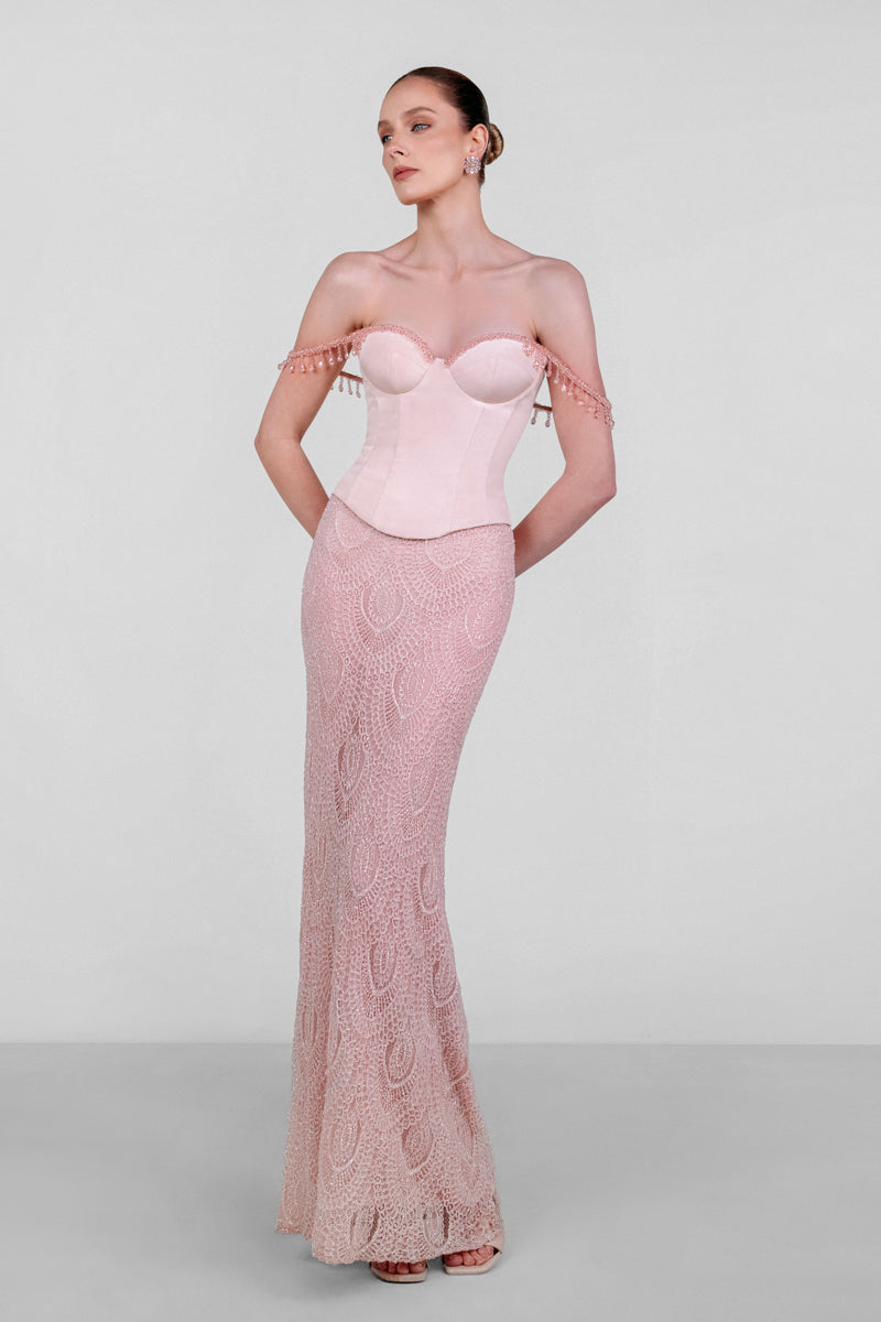 Elegant Monika Dimova French lace corset gown featuring intricate lace details and a flowing silhouette.