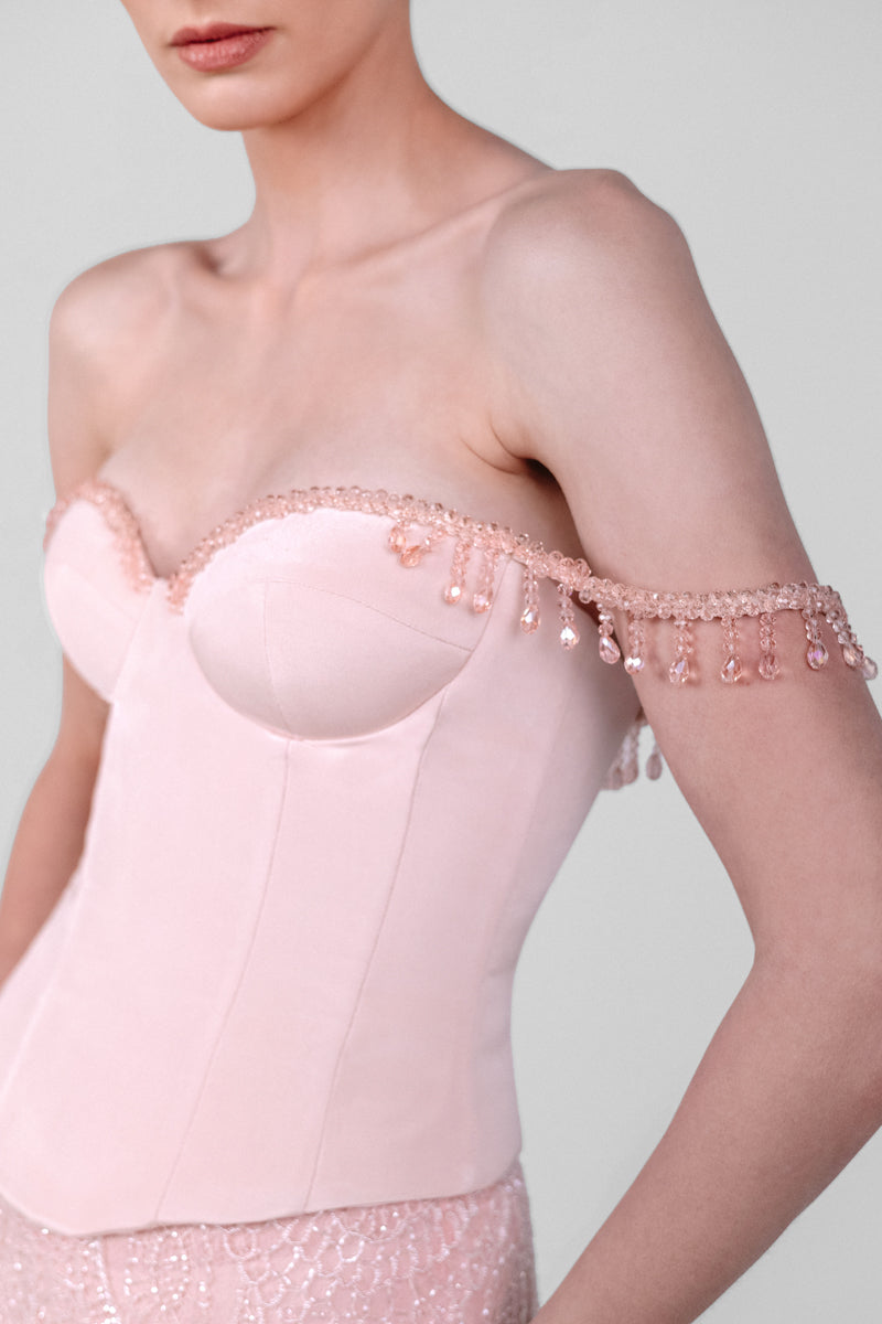 Elegant Monika Dimova French lace corset gown with intricate lace details and flowing fabric, perfect for formal occasions.