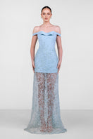 Blue embroidered lace gown by Monika Dimova, featuring intricate lace details and elegant flowing fabric.