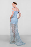 Blue embroidered lace gown by Monika Dimova featuring intricate lace details and elegant design, perfect for formal occasions.