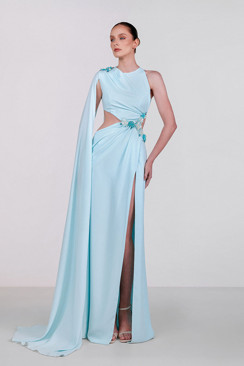 BLUE EMBELLISHED CAPE GOWN - CULT MIA