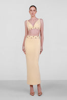 Embellished crepe co-ord set by Monika Dimova featuring intricate detailing and a stylish matching top and pants ensemble.