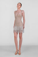 Beaded fringe mini dress by Monika Dimova with intricate beadwork and stylish fringe detail, perfect for evening wear.