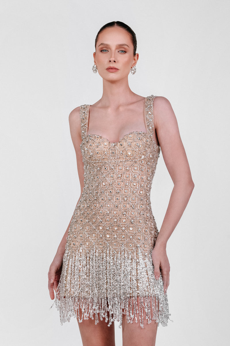 BEADED CONTOUR FRINGE DRESS - CULT MIA