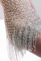Beaded fringe mini dress by Monika Dimova featuring intricate beadwork and a stylish short silhouette.