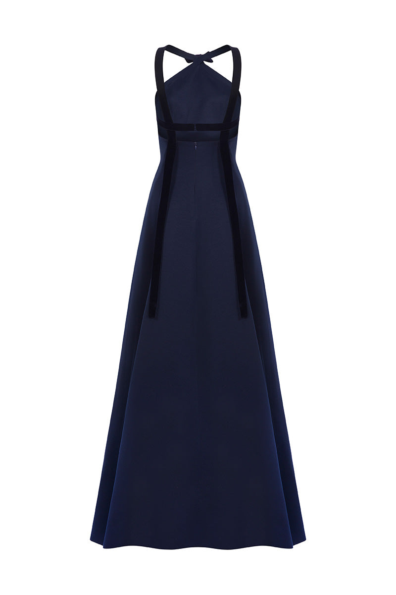 Navy MEFTUNE maxi dress by MOON / HAKAN YILDIRIM, shown from the back with flowing fabric and elegant design.