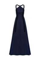 Navy MOON HAKAN YILDIRIM Meftune gown with elegant back design, flowing fabric, and sophisticated style.
