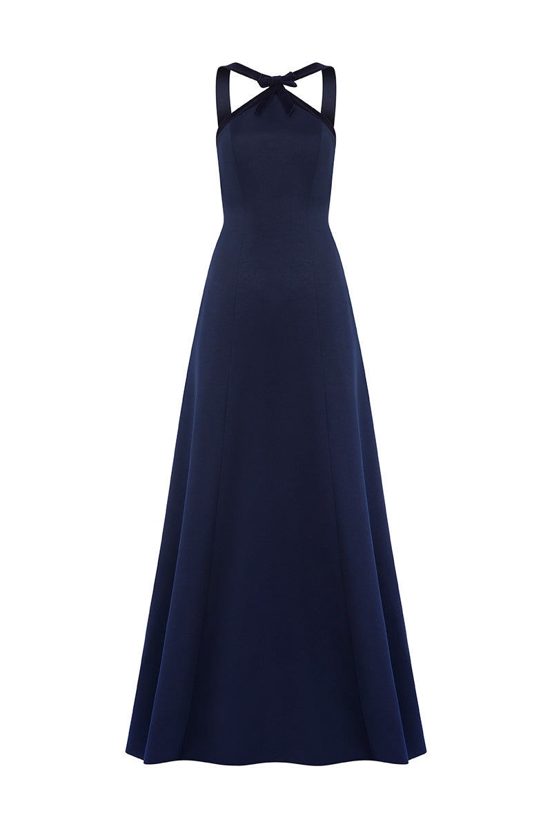Navy Meftune maxi dress by Moon Hakaan Yildirim, front view showing flowing fabric, long sleeves, and elegant style.