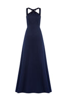 Navy Meftune gown by Moon Hakaan Yildirim, front view showcasing elegant design and flowing fabric.