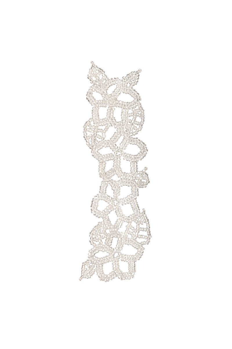 Silver MEGA LACE ear stick earrings by Pura Utz with intricate lace design, displayed against a neutral background.