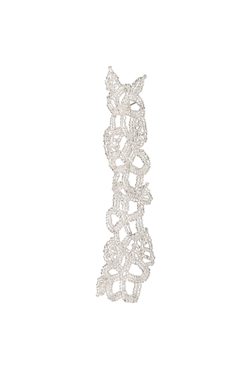 Silver lace-style ear stick earrings by Pura Utz featuring intricate lace design and elegant craftsmanship.