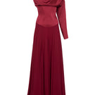 Elegant burgundy Melisa gown by Moon Hakaan Yildirim, front view showcasing flowing fabric and sophisticated design.