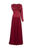 Elegant burgundy Melisa gown by Moon Hakaan Yildirim, front view showcasing flowing fabric and sophisticated design.