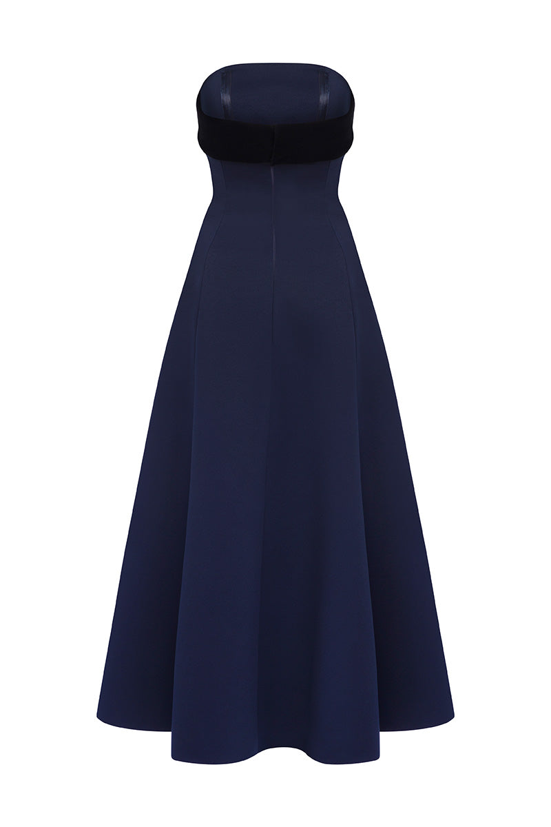 Navy and black Menekse midi dress by Moon Hakaan Yildirim, showing back view with elegant fit and stylish design.