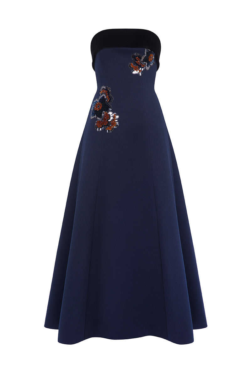 Menekse navy and black midi dress by Moon Hakaan Yildirim, front view showcasing elegant design and flowing fabric.