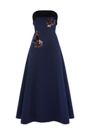 Menekse gown in navy and black by Moon Hakaan Yildirim, front view showing elegant design and flowing fabric.