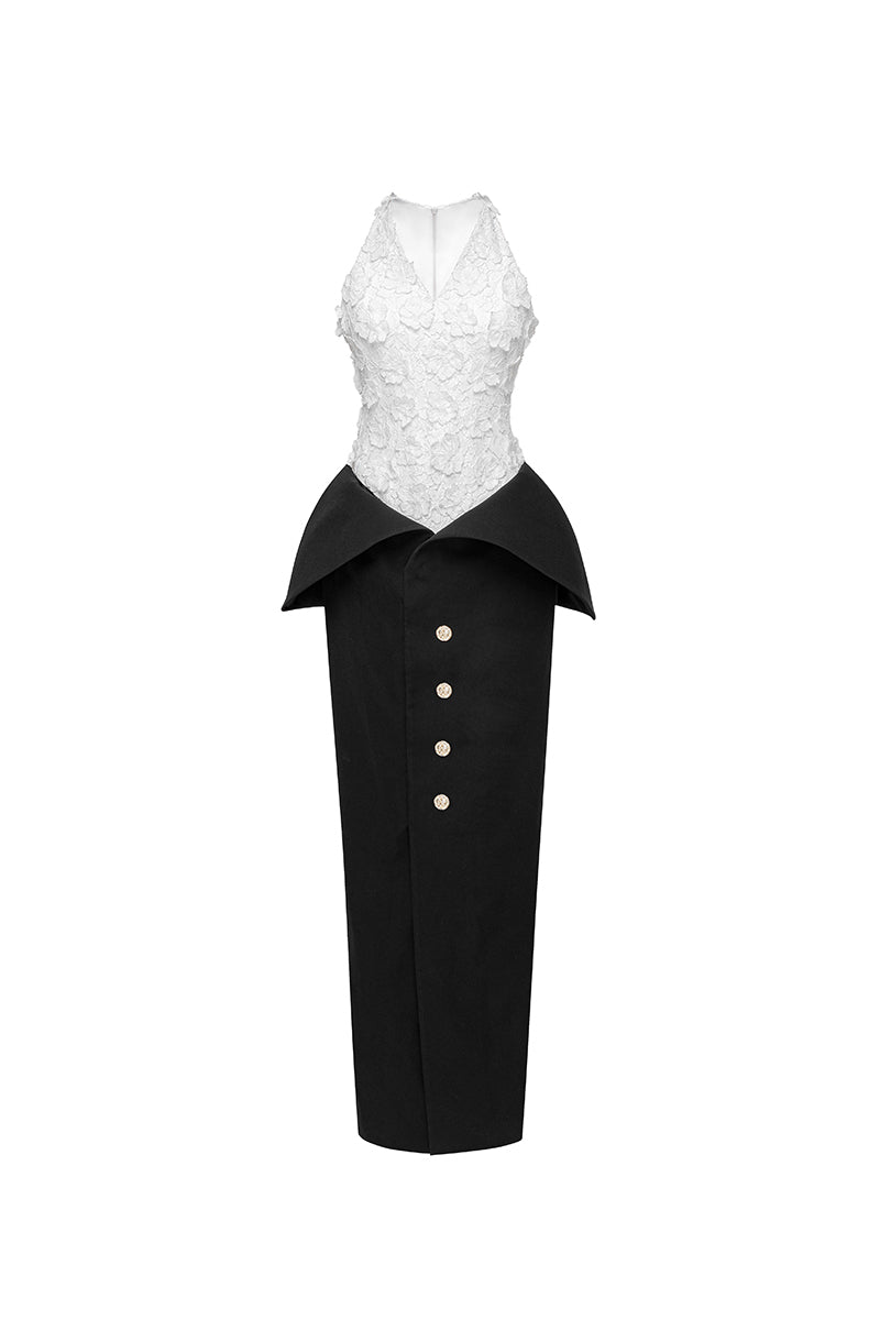Jenny K Tran Metz gown in black and white, elegant dress with a flowing silhouette and intricate detailing, perfect for formal occasions.