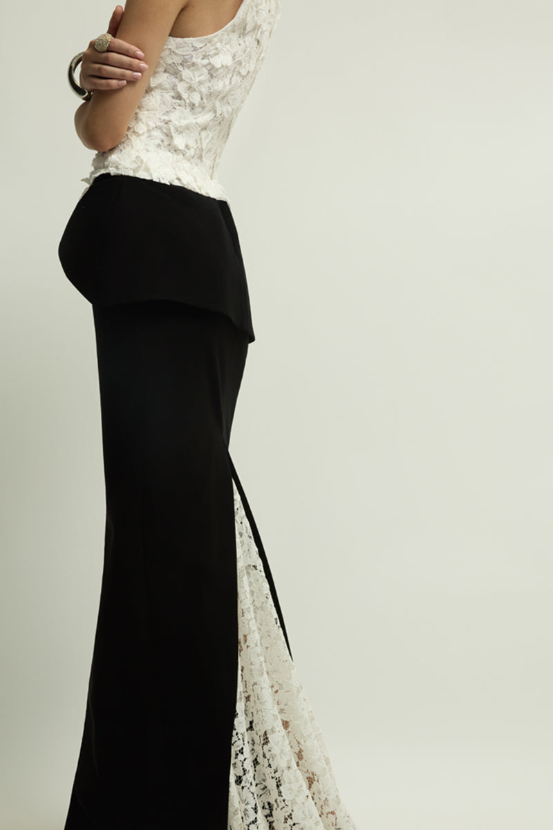 Black and white Metz dress by Jenny K Tran, elegant gown with a stylish design, showcased in a full-length image.