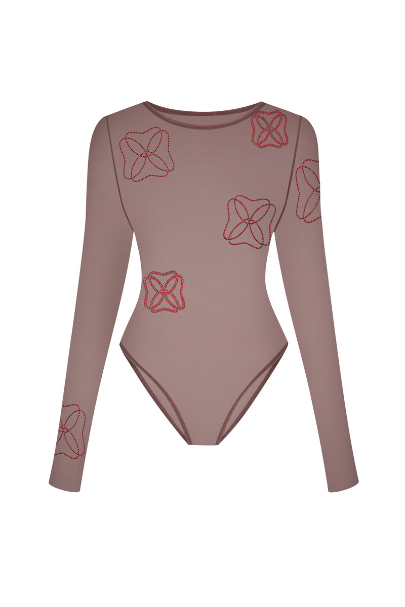FITTED FLORAL CRYSTAL MESH BODY IN DARK PURPLE - CULT MIA