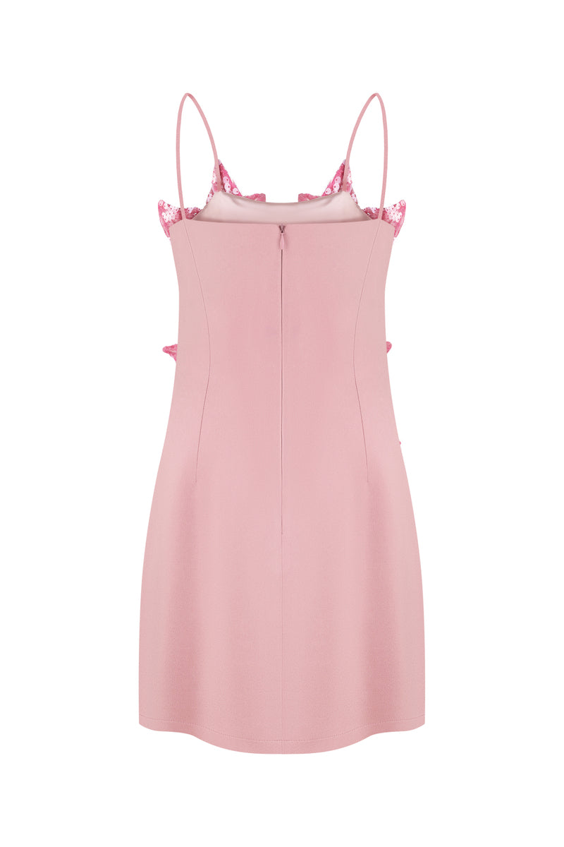 Peony pink mini dress by Malva Florea featuring floral sequin appliqués and a fitted silhouette.