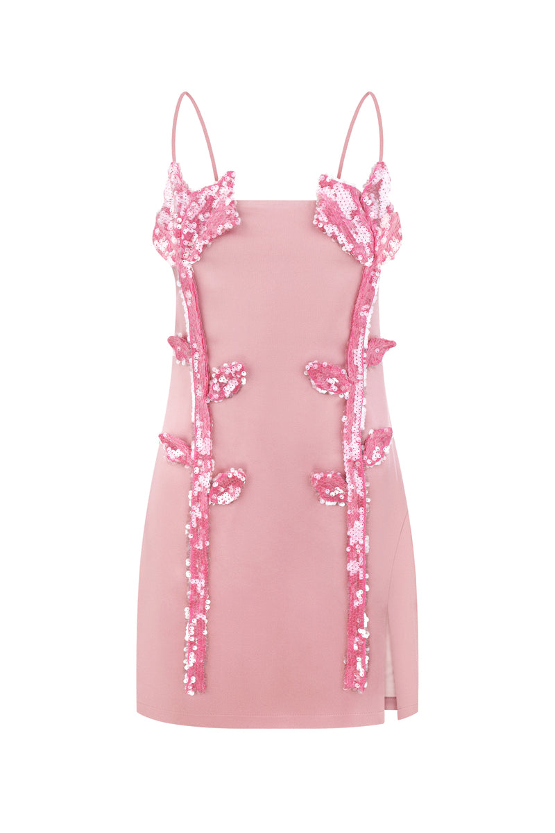 Peony pink mini dress by Malva Florea featuring floral sequin appliqués, with a fitted silhouette and elegant design.