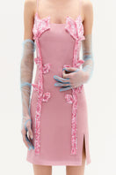Peony pink mini dress by Malva Florea with floral sequined appliqués, showcasing a stylish and elegant design.