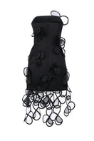 Black mini dress with floral appliqués, sheer fabric, by MALVA FLOREA, featuring a stylish and elegant design.