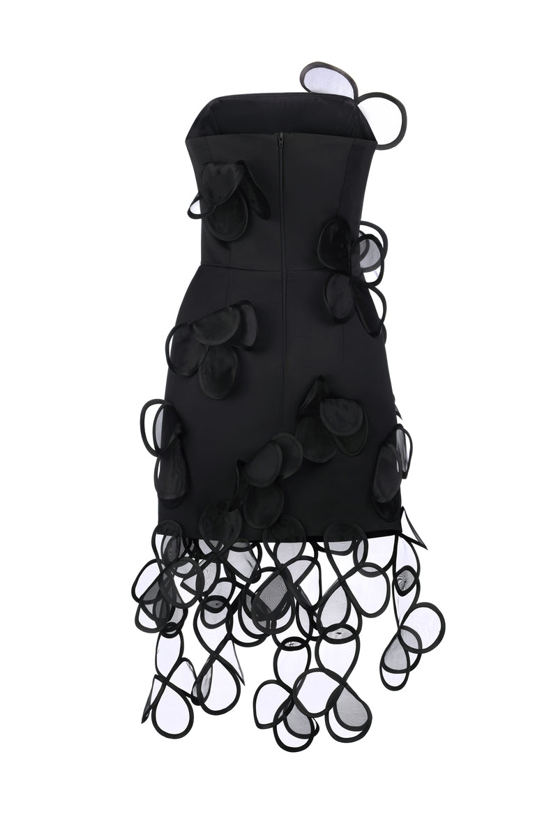Black mini dress with floral appliqués, sheer fabric, by MALVA FLOREA, featuring a stylish and elegant design.