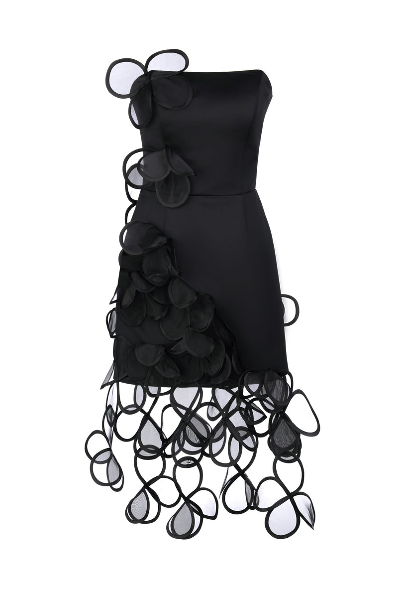 FLORAL APPLIQUÉS SHEER MINI DRESS IN BLACK - CULT MIA