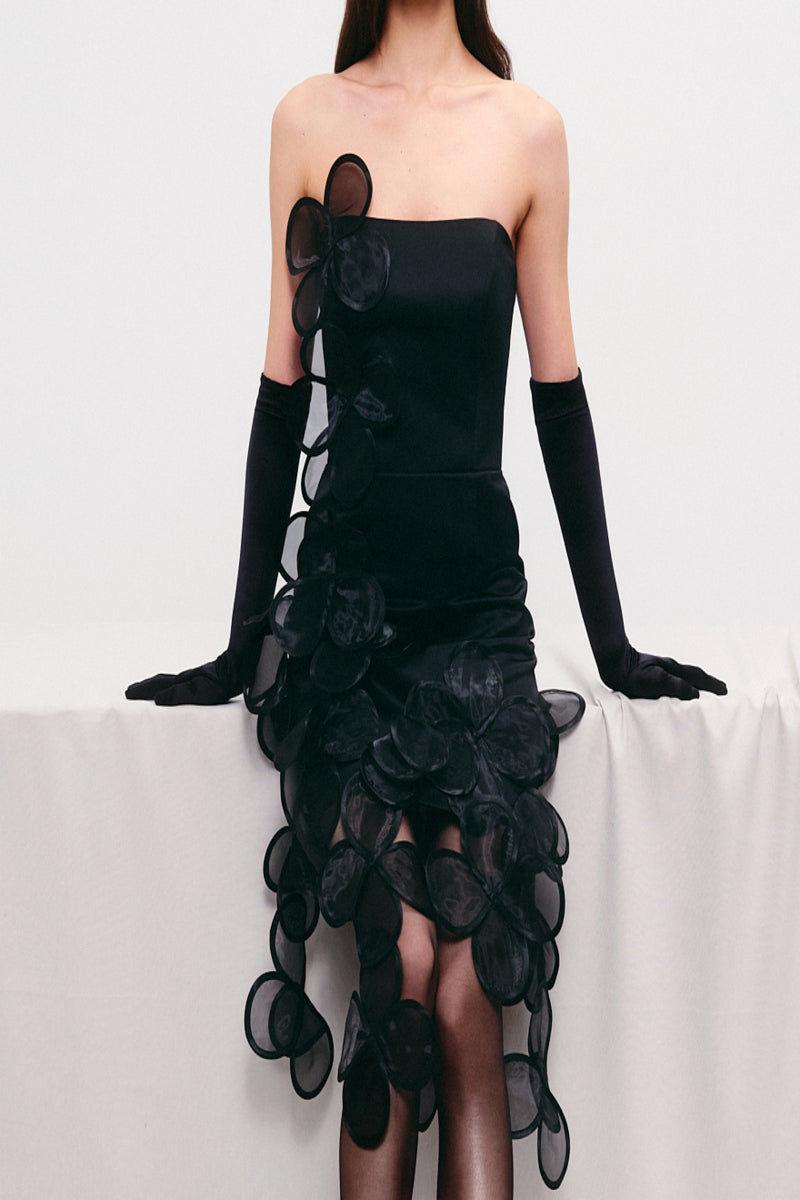 FLORAL APPLIQUÉS SHEER MINI DRESS IN BLACK