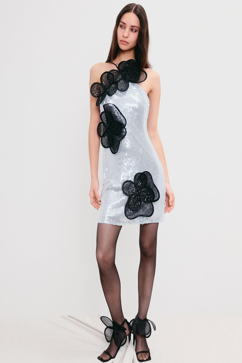 SEQUIN LAYERED FLORAL APPLIQUÉS MINI DRESS IN LIGHT BLUE - CULT MIA