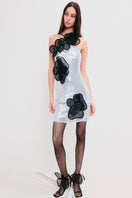 Light blue mini dress by Malva Florea featuring sequin layered floral appliqués, perfect for elegant occasions.