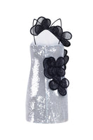 Light blue MALVA FLOREA sequin layered floral appliqué mini dress with intricate floral details and elegant design.