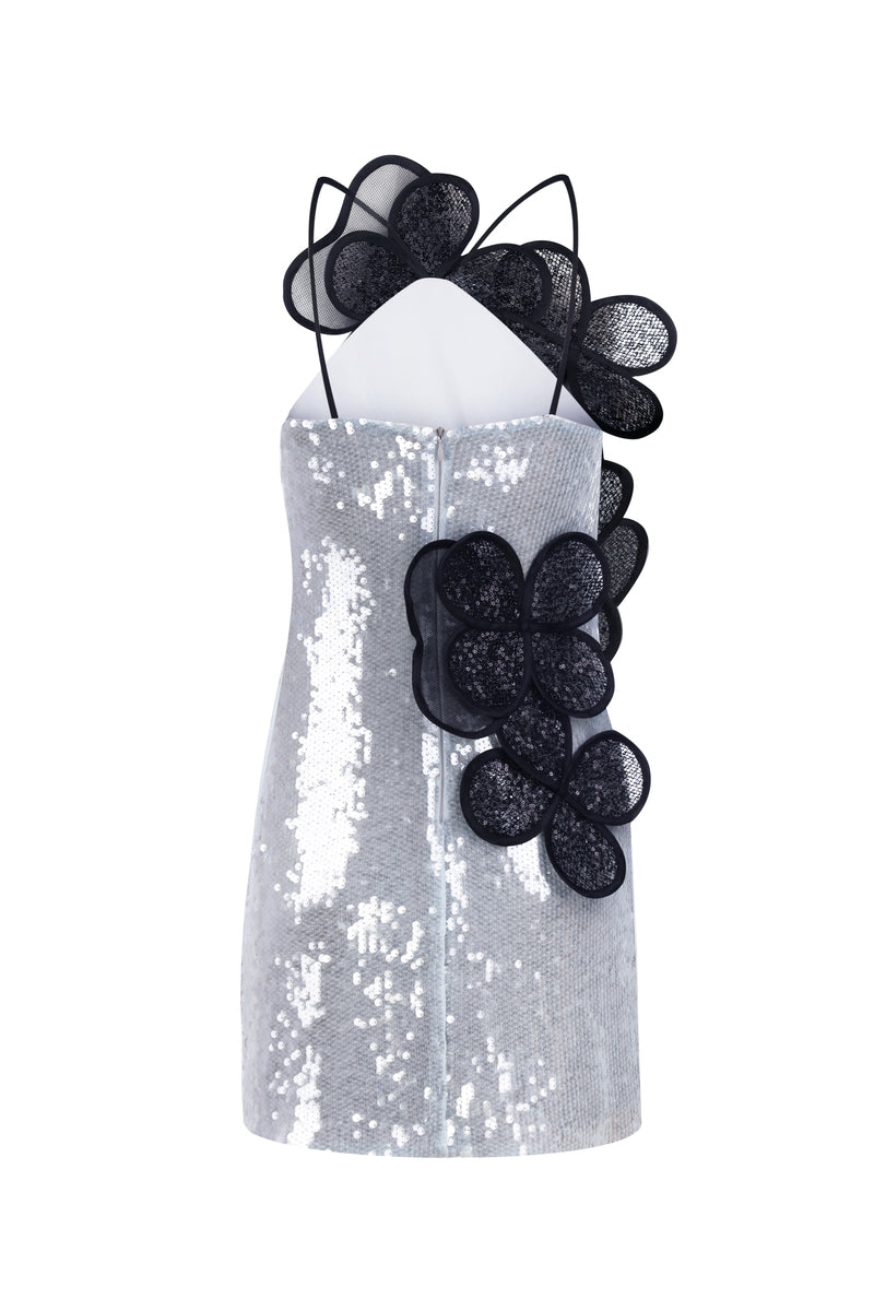 Light blue MALVA FLOREA sequin layered floral appliqué mini dress with intricate floral details and elegant design.