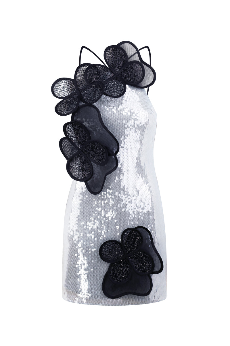 SEQUIN LAYERED FLORAL APPLIQUÉS MINI DRESS IN LIGHT BLUE - CULT MIA