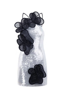 Light blue mini dress by Malva Florea featuring sequin layered floral appliqués and a stylish, feminine design.