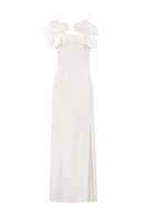 Ivory maxi dress by Malva Florea featuring long silhouette and floral appliqués, elegant sheath style with intricate detailing.