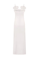 Ivory long-silhouette floral appliqué sheath maxi dress by Malva Florea, showcasing elegant floral details and a fitted silhouette.