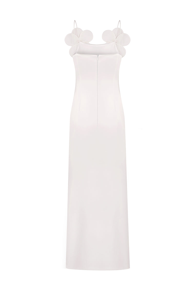 Ivory long-silhouette floral appliqué sheath maxi dress by Malva Florea, showcasing elegant floral details and a fitted silhouette.