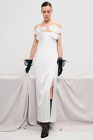 Ivory long-silhouette floral appliqué sheath maxi dress by Malva Florea, featuring delicate floral details and elegant design.