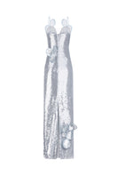 Light blue floral appliqué sequin bustier gown by Malva Florea, elegant evening dress with intricate detailing.