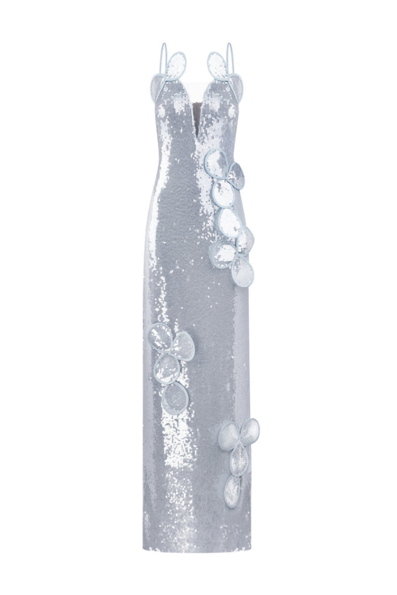 SEQUIN BUSTIER FLORAL APPLIQUÉ MAXI DRESS WITH IN LIGHT BLUE - CULT MIA