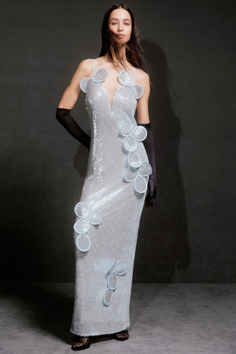 SEQUIN BUSTIER FLORAL APPLIQUÉ MAXI DRESS WITH IN LIGHT BLUE - CULT MIA