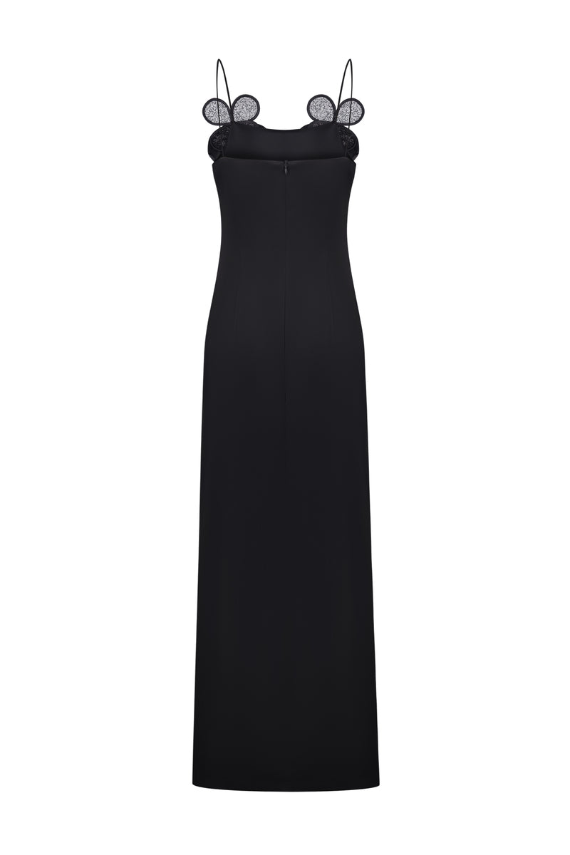 LONG-SILHOUETTE FLORAL APPLIQUÉ SHEATH DRESS IN BLACK - CULT MIA