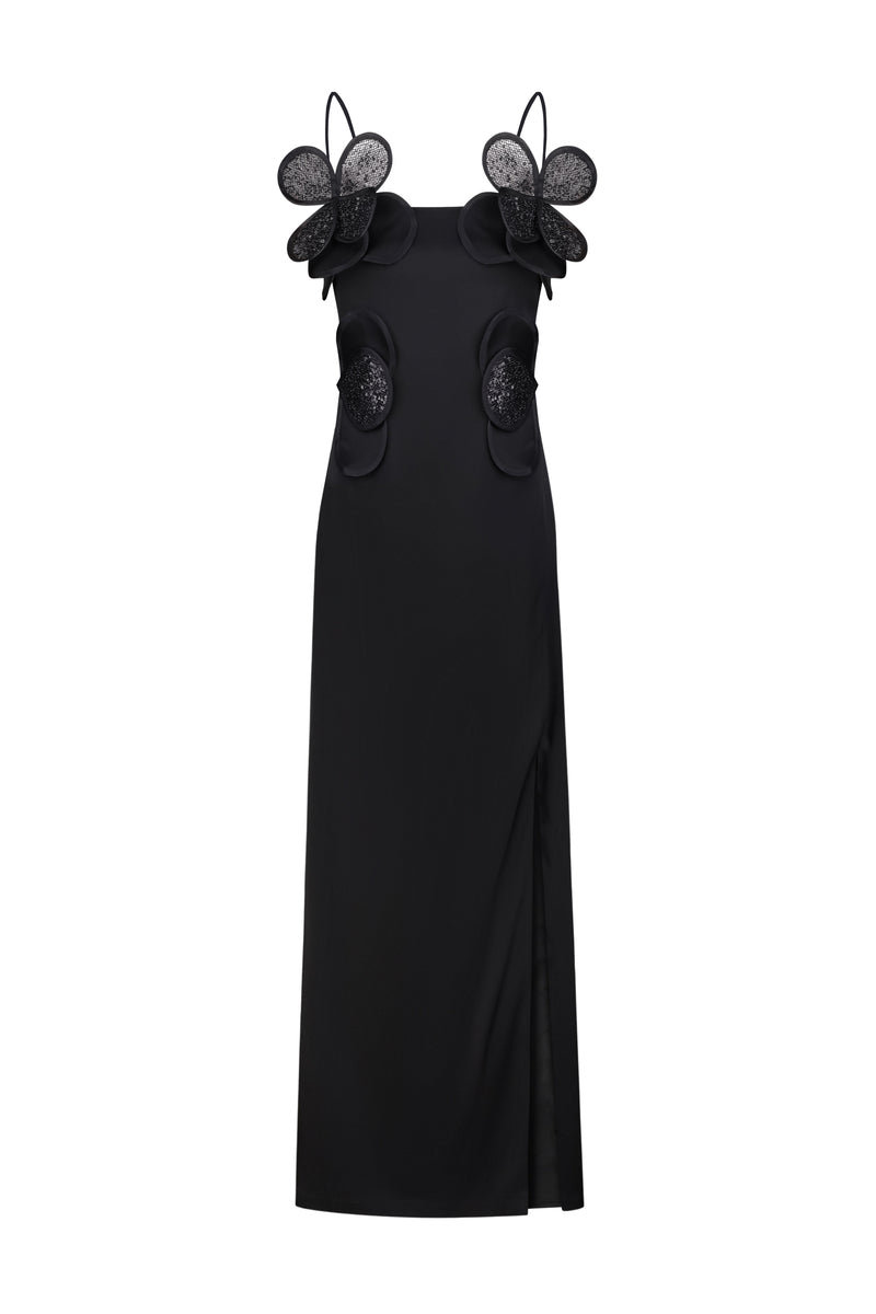 LONG-SILHOUETTE FLORAL APPLIQUÉ SHEATH DRESS IN BLACK - CULT MIA